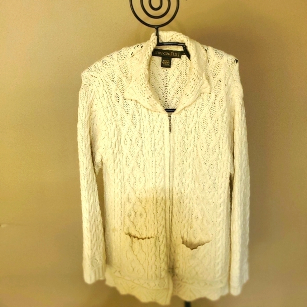 Inis Crafts 100% Merino Wool Zippered Pockets Long Slv Sz. M Cardigan